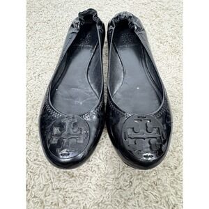 Tory Burch Minnie Travel Ballet  Slip On Shoes Flats Black Patent Leather Sz 7.5